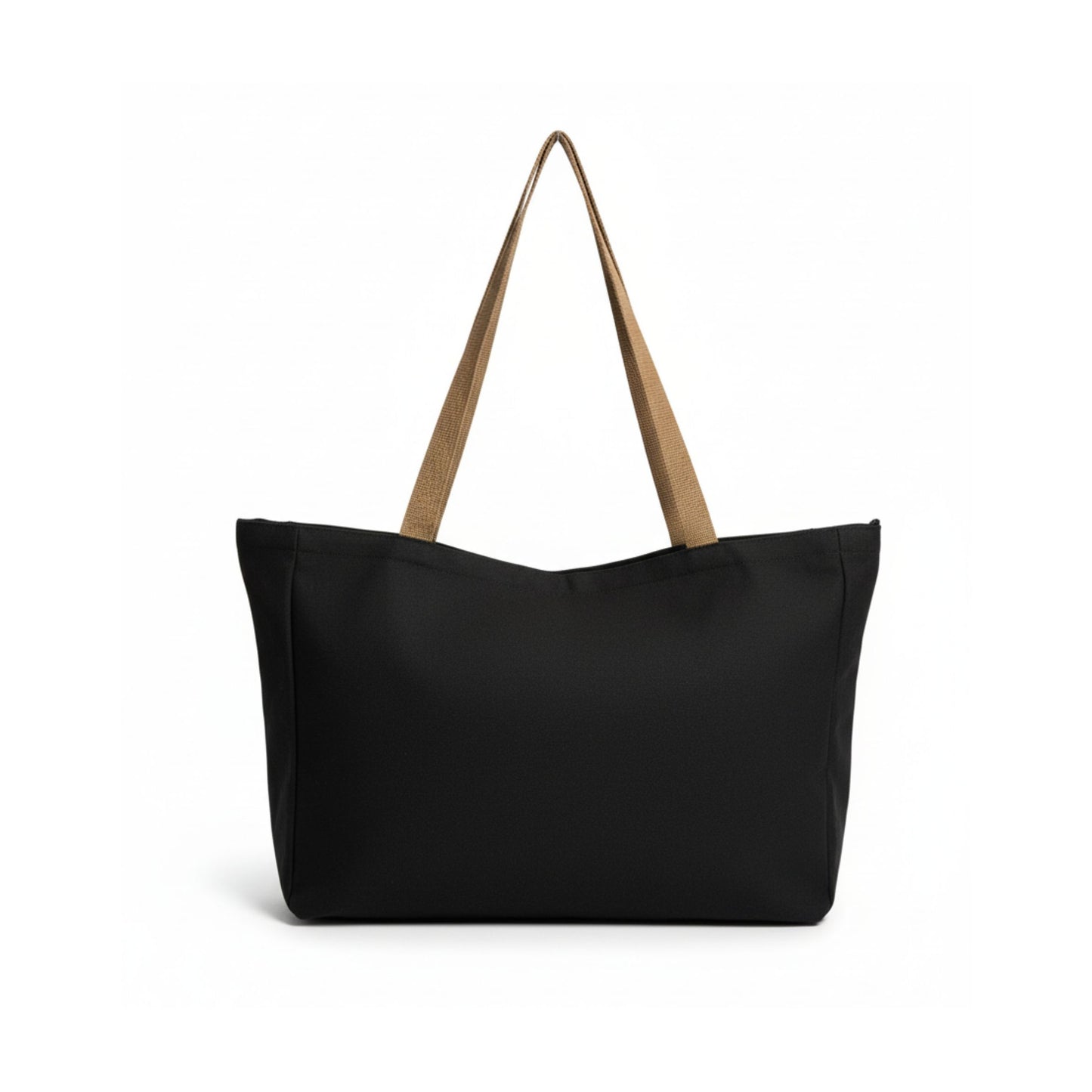 Black tote bag with brown handles on a white background