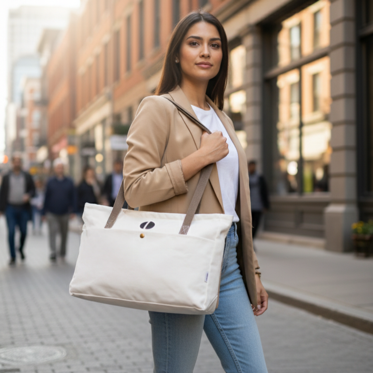 Woman holding a beige tote bag on a city street - dotflakes
