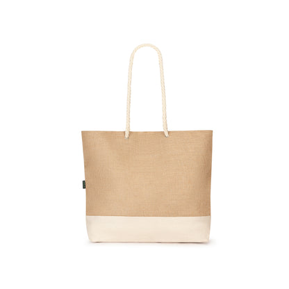 Beige tote bag with a white base on a white background