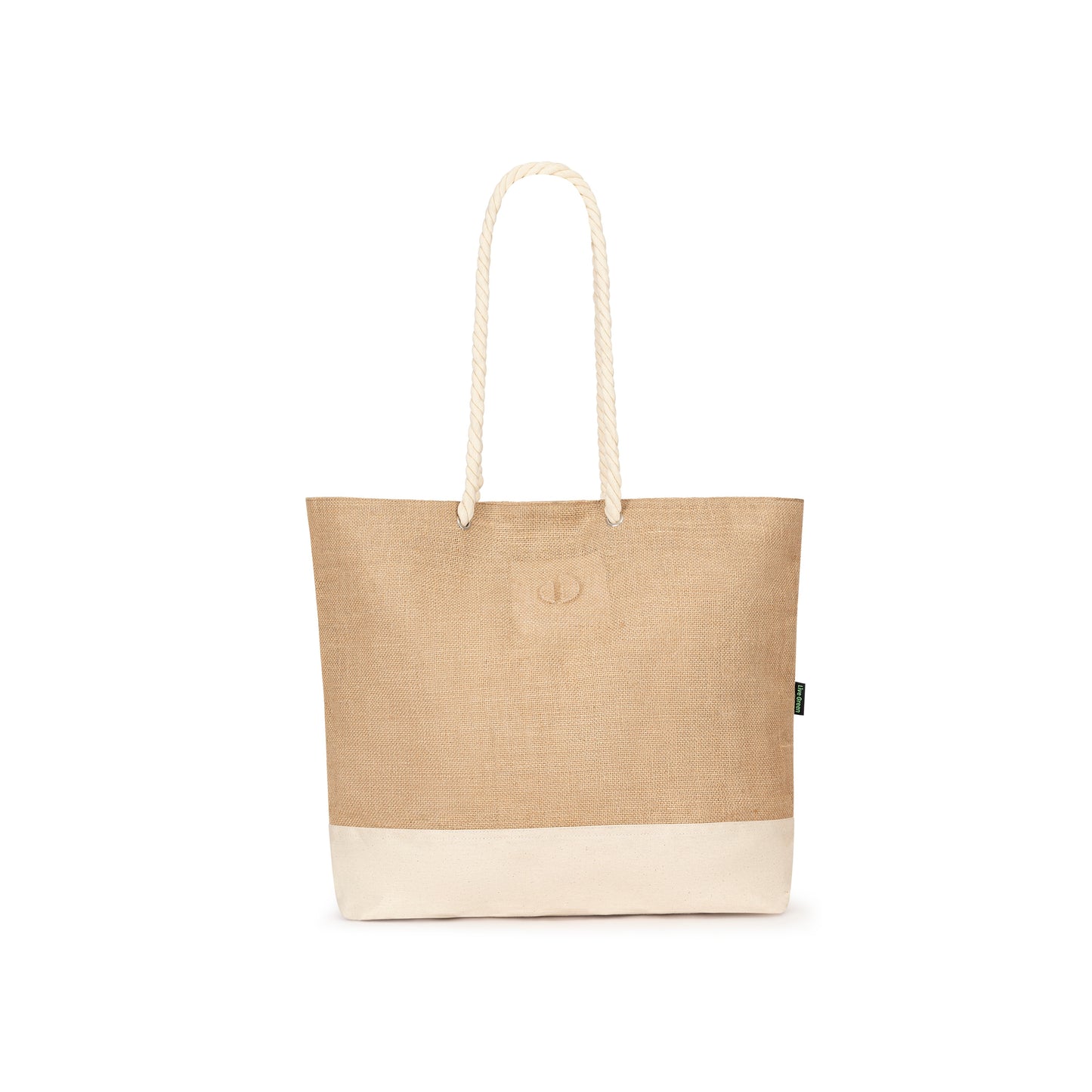 Beige tote bag with a white base on a white background