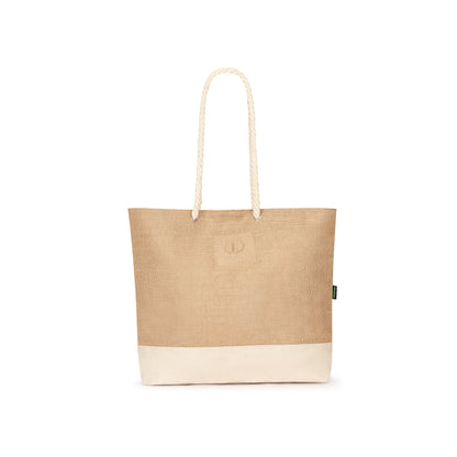 Beige tote bag with a white base on a white background