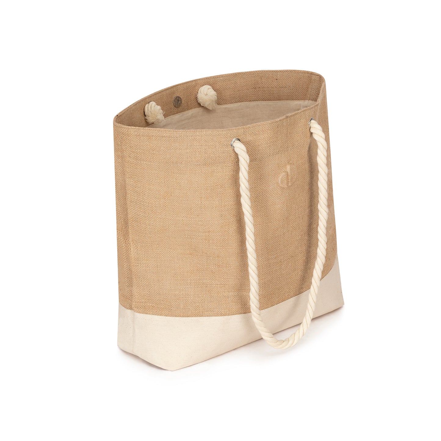 Beige jute bag with white rope handles on a white background