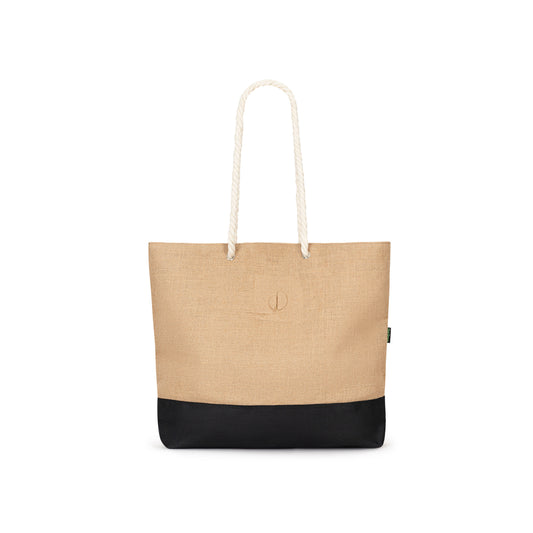 Beige tote bag with black base on a white background