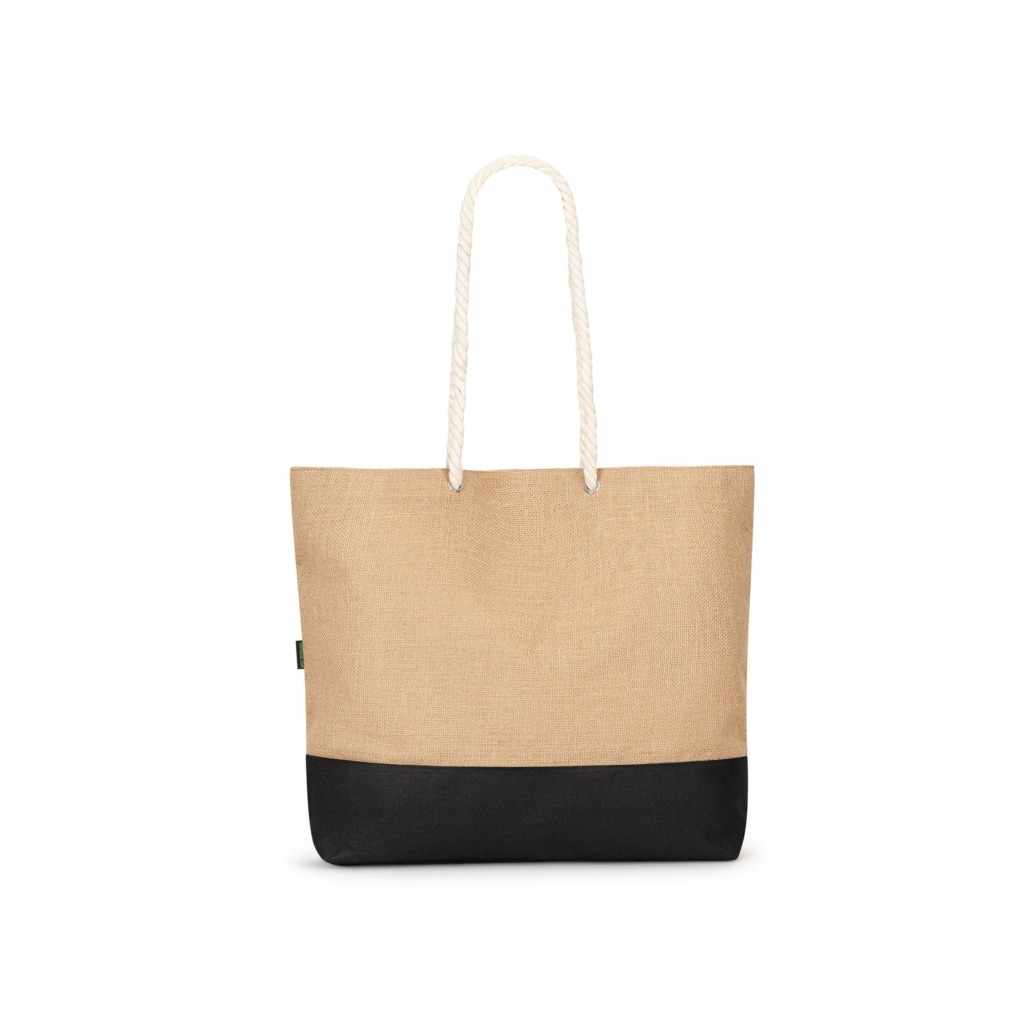 Tote bag with natural jute material and black base on a white background
