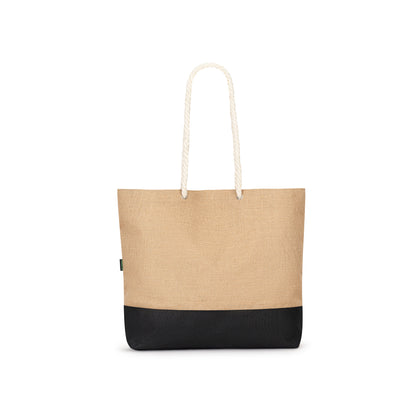 Tote bag with natural jute material and black base on a white background