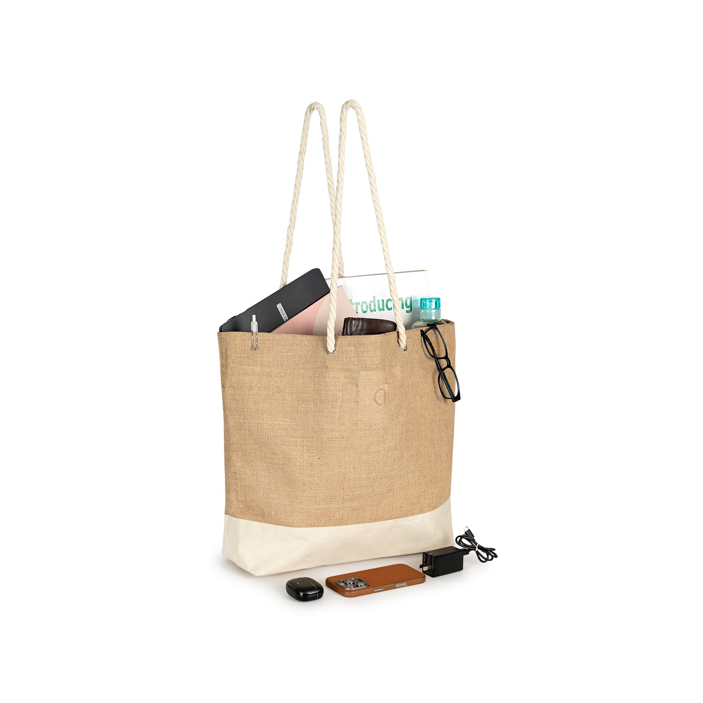 Beige tote bag with white base holding various items on a white background