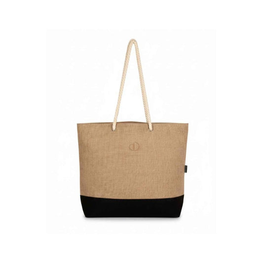 A canvas tote bag with a natural beige top and a black bottom base, featuring cream-colored rope handles and a small circular logo on the front.