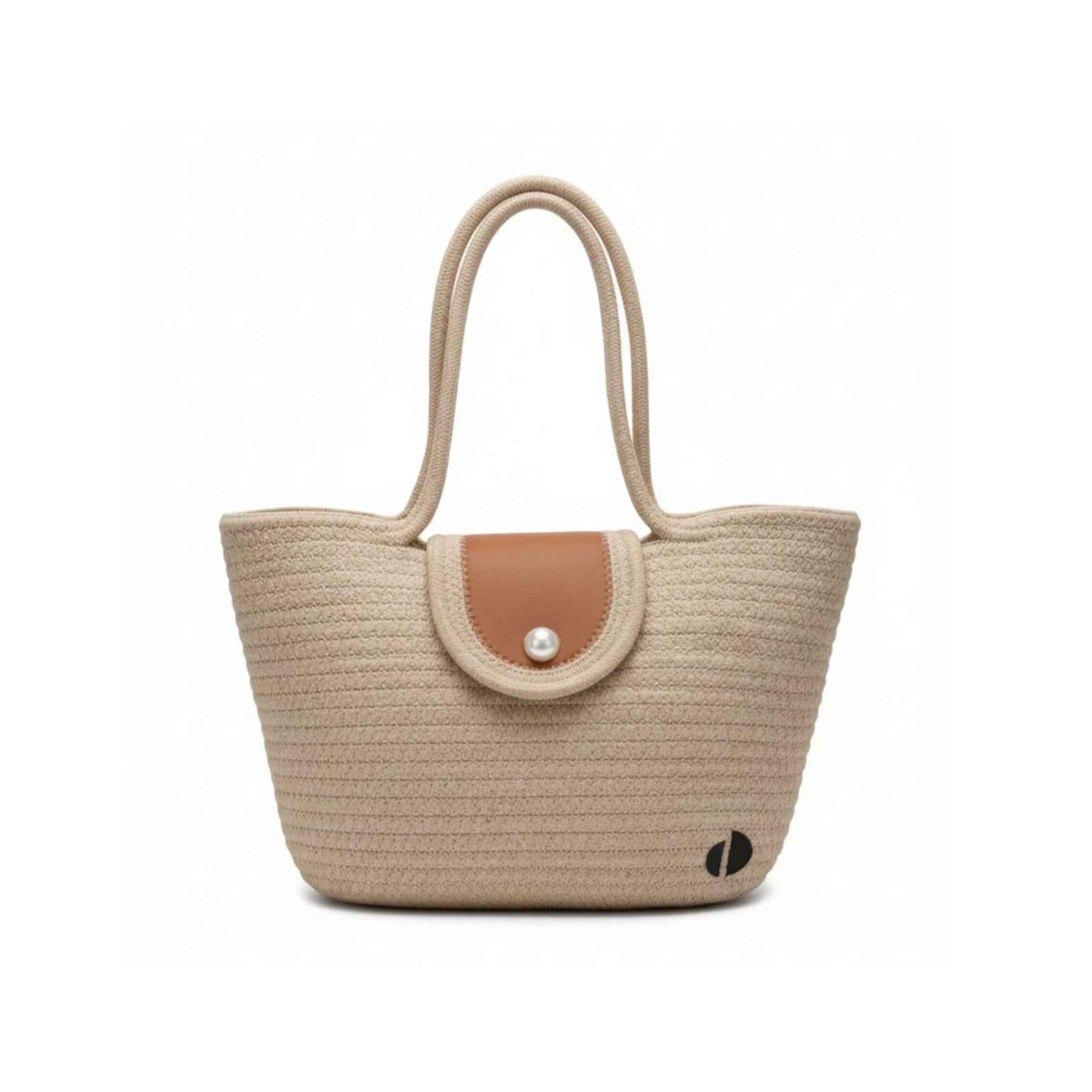 Beige straw handbag with a brown flap on a white background