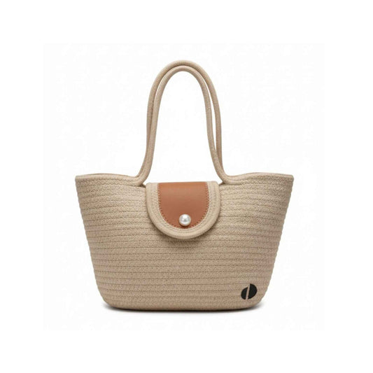 Beige straw handbag with a brown flap on a white background
