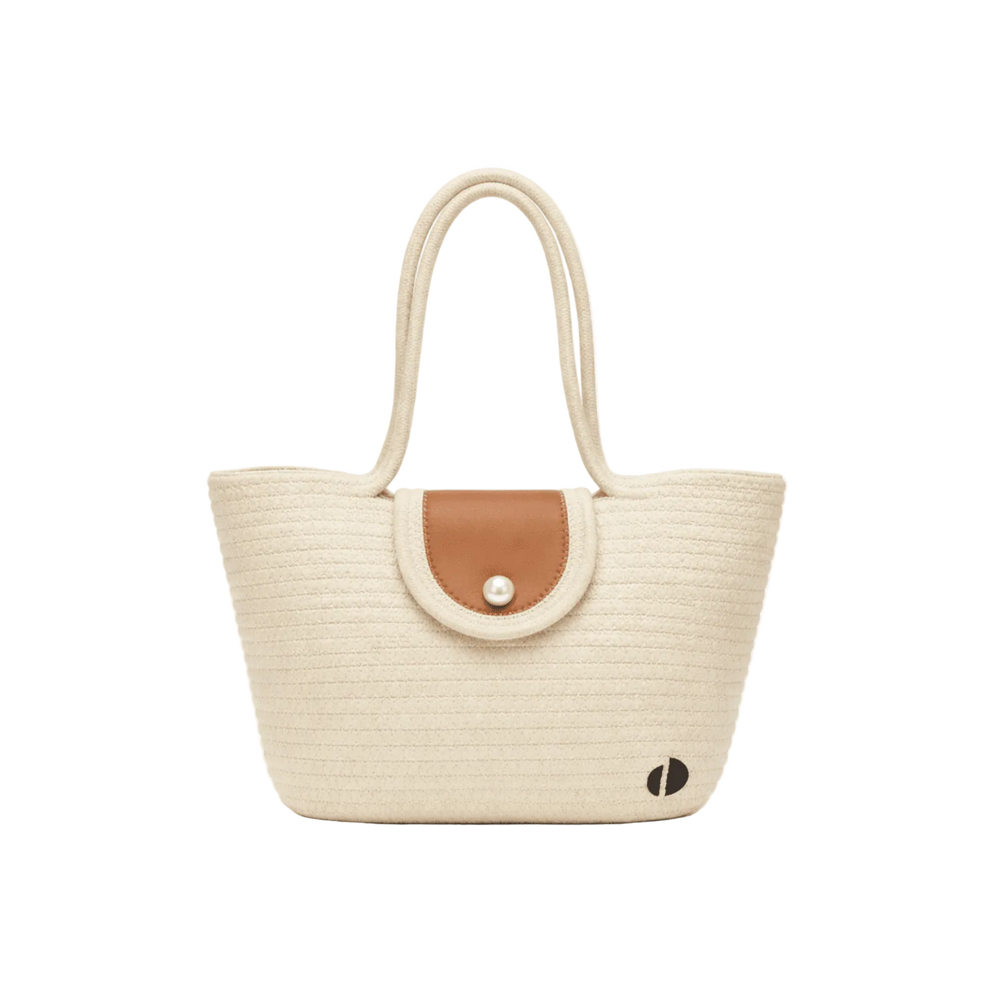 Beige straw handbag with brown accent on a white background
