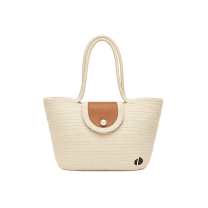 Beige straw handbag with brown accent on a white background
