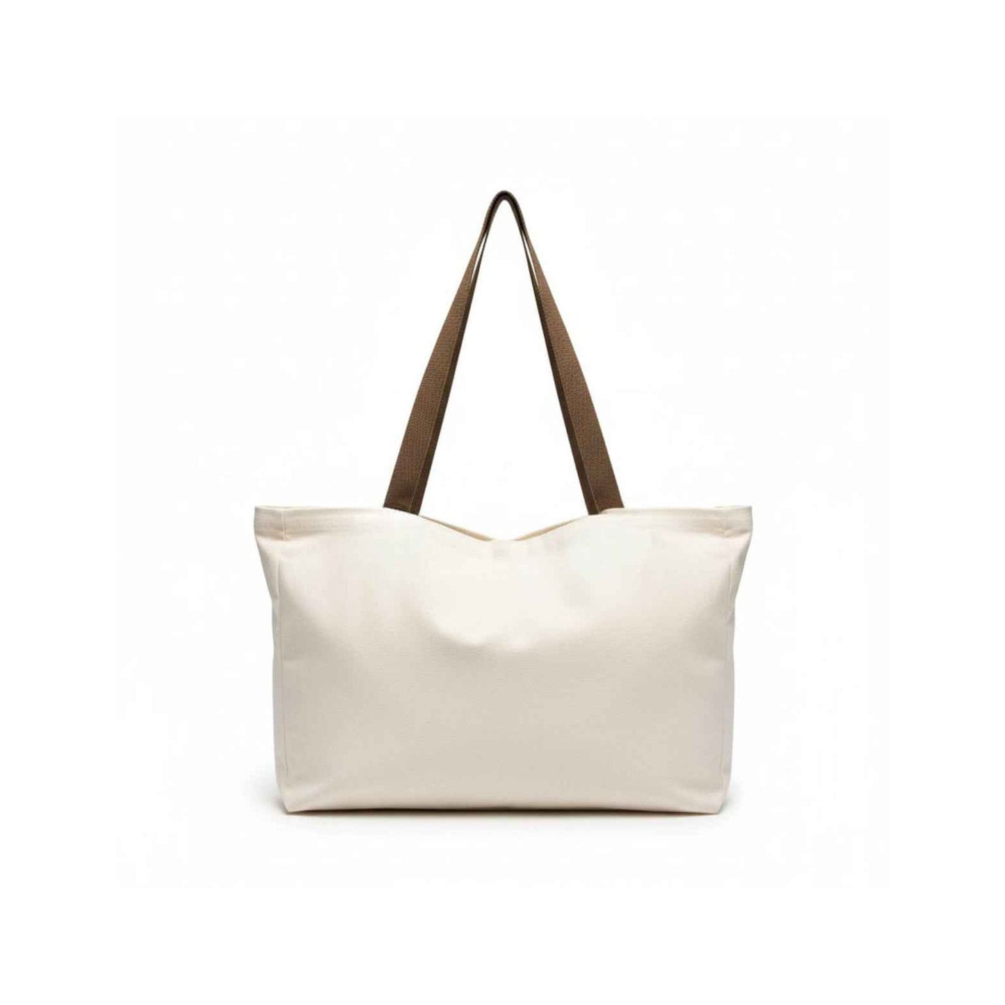 Beige tote bag with brown straps on a white background