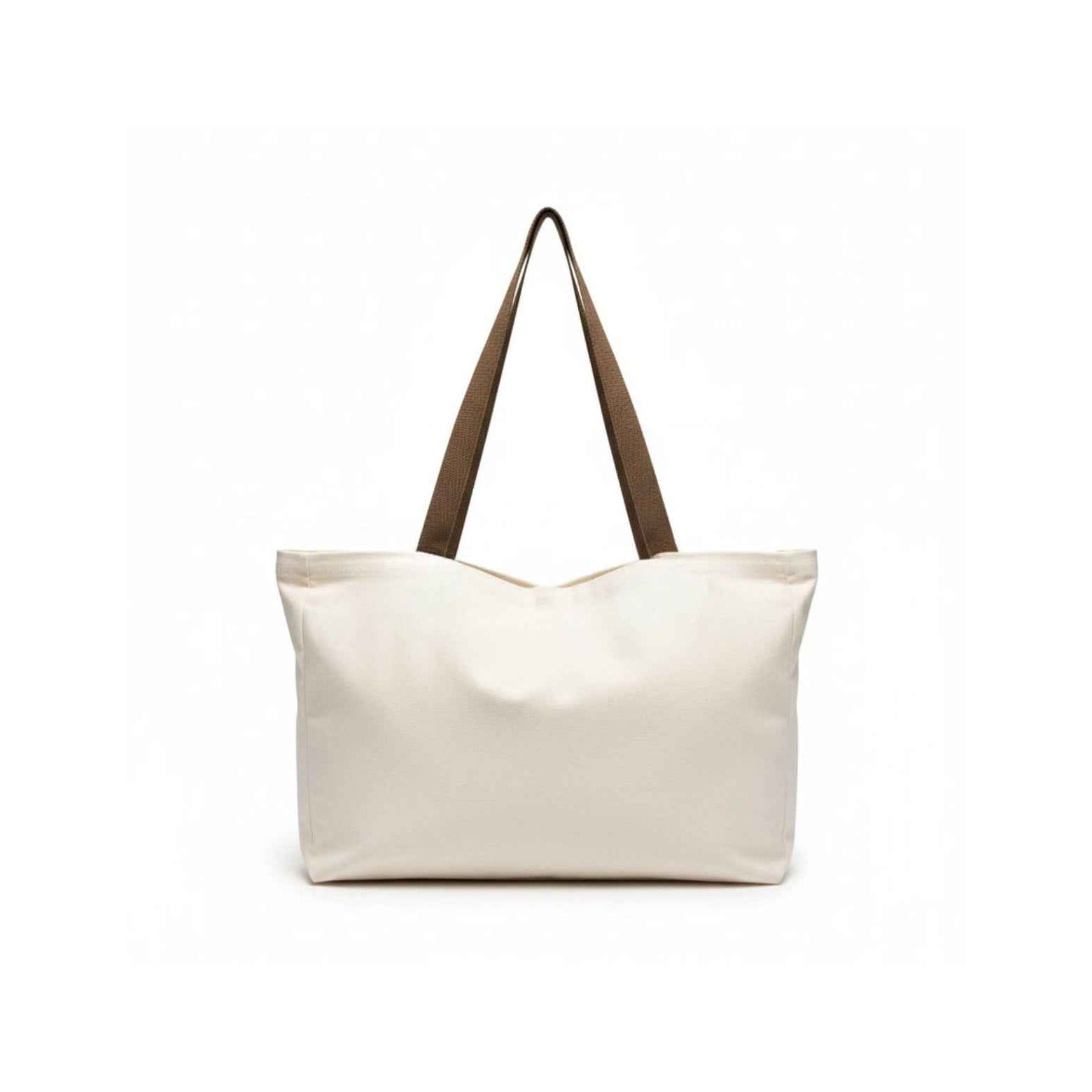 Beige tote bag with brown straps on a white background