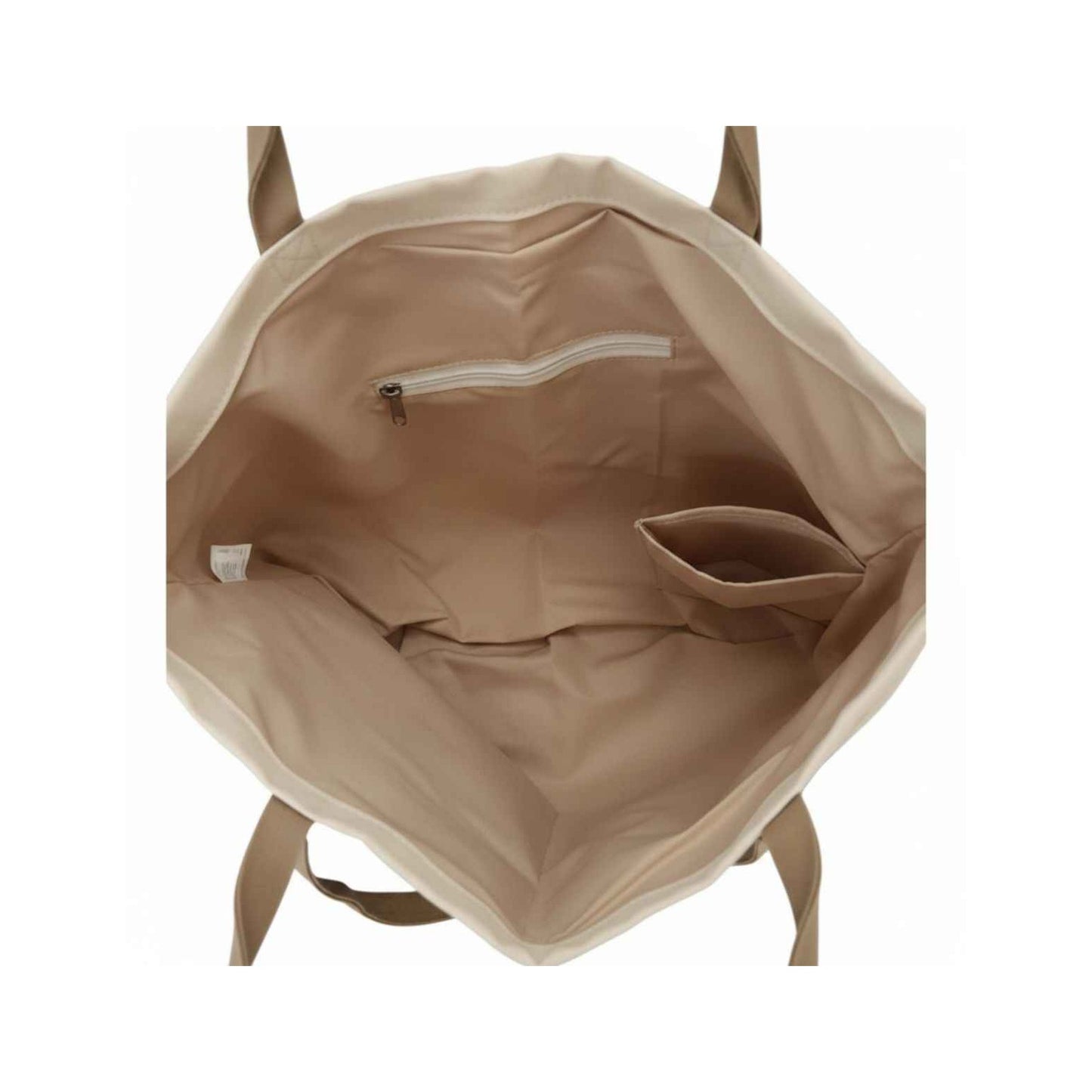 Beige backpack with a zipper pocket on a white background