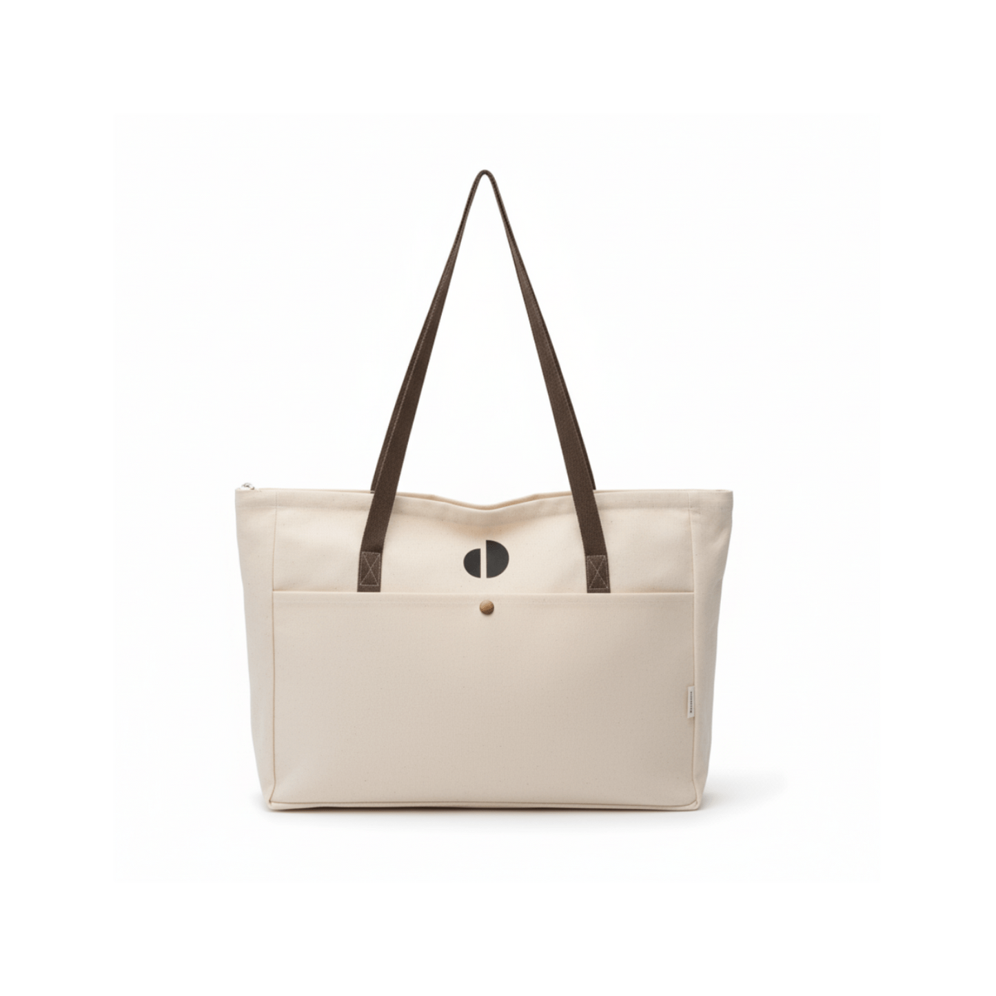Beige tote bag with brown straps on a white background