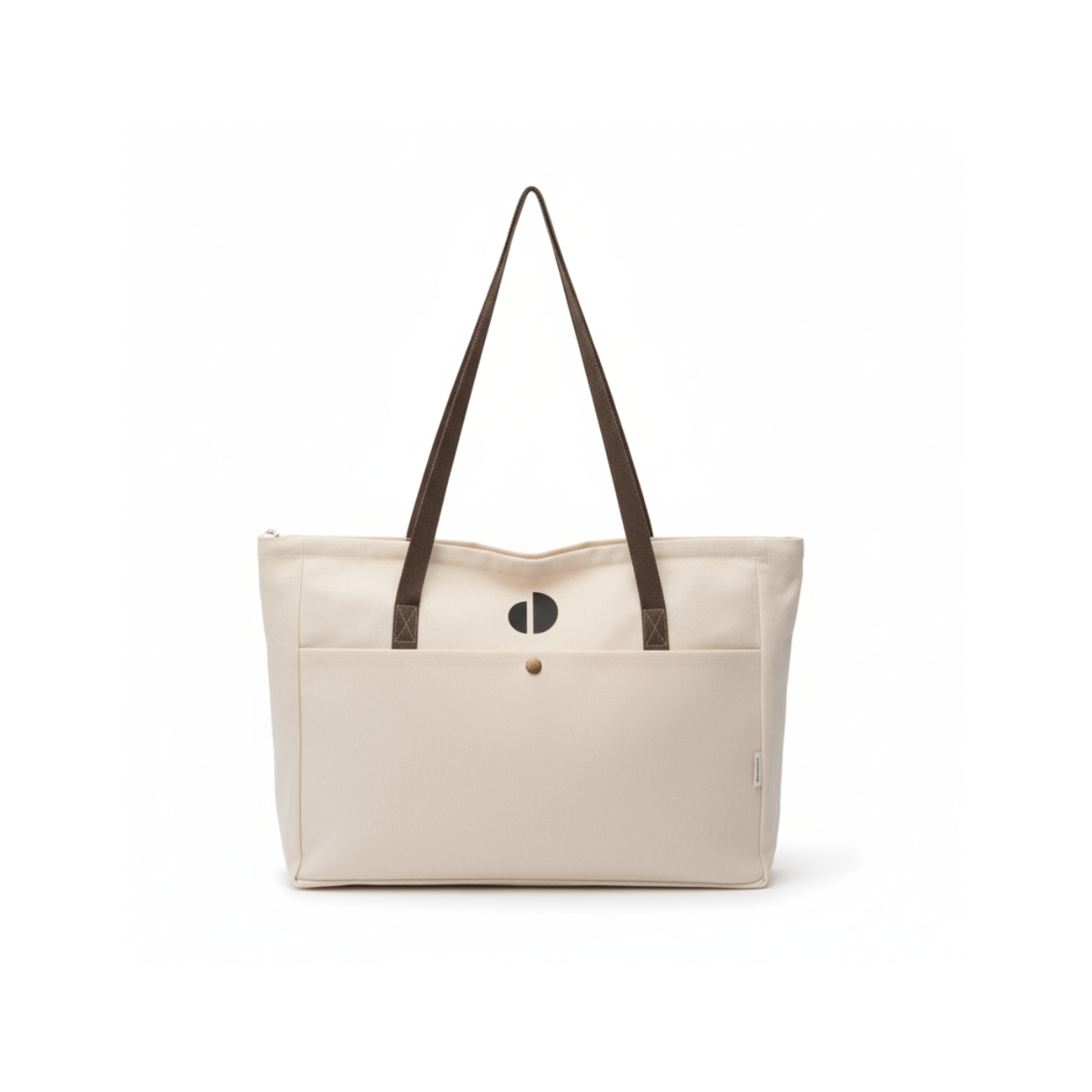 Beige tote bag with brown straps on a white background